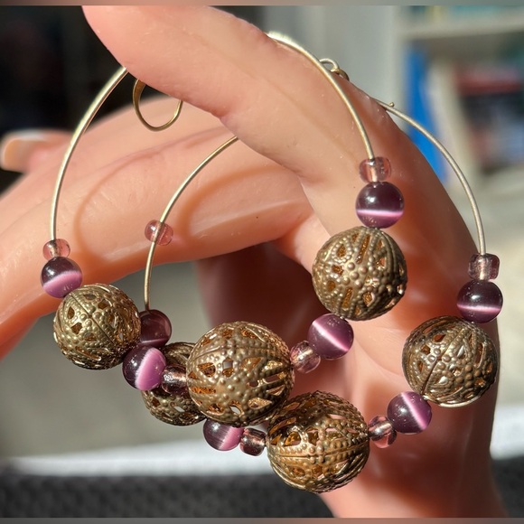 Bohemian Gold Filigree Hoop Earrings with Purple Cat's Eye Beads - Picture 4 of 6